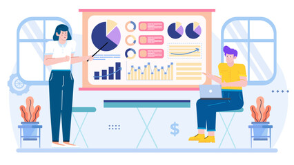 Two people presenting charts and graphs on whiteboard suitable for business presentations, analytical reports, teamwork concepts, corporate meetings illustrations.