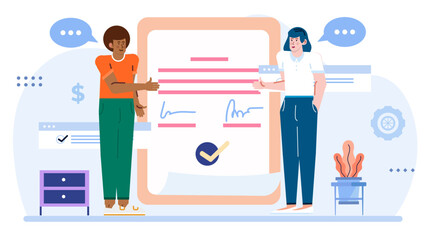 Obraz premium Two people signing a document with a checkmark. Ideal for business agreements, contracts, approval concepts in presentations, websites, or marketing materials.