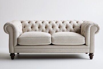 Chic Traditional Sofa with Tufted Linen Fabric. Modern Classic Furniture Piece for Cozy Living Room Interior Design
