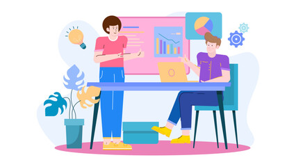 Two people discuss charts and ideas in a meeting room. Suitable for business presentations, financial articles, or corporate website visuals.