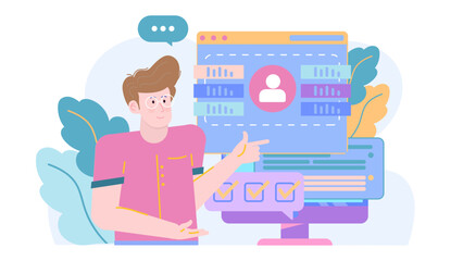 Man pointing at computer screen, suitable for technology presentations, business meetings, software demonstrations, and IT concepts. Technology, business, communication, presentation, IT.