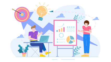 Two people presenting data on a whiteboard; suitable for presentations, teamwork concepts, business meetings, collaboration, and brainstorming sessions.