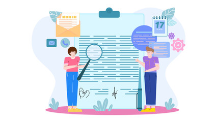 Two people carefully sign a document using a magnifying glass. Suitable for legal, contract, business, partnership concepts in designs.