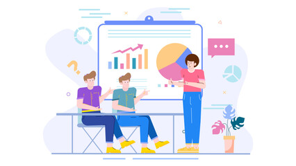 Three men analyzing a chart and pie chart together. Suitable for business presentations, financial reports, and teamwork concepts.