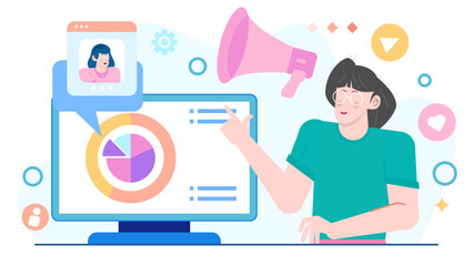 Ideal for business presentations or marketing materials, showing a woman holding a laptop with a pie chart displayed on screen. Suitable for tech or finance related designs.