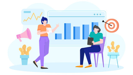 Two women in business attire having a discussion while looking at a business chart. Suitable for teamwork, business strategy, and financial concept designs.
