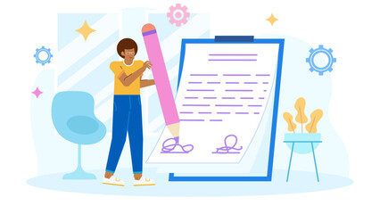 Man holding large pencil signing document. Suitable for business, paperwork, contract, agreement, signature concepts in design projects and presentations.