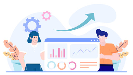 Two people analyzing data on charts and graphs on a computer screen. Suitable for financial presentations, business analysis concepts.