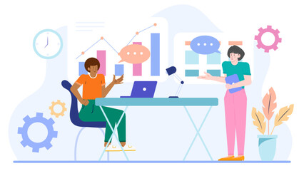 Two people working at desk with laptop, charts. Suitable for business, teamwork, collaboration concepts in presentations, websites, and marketing materials.