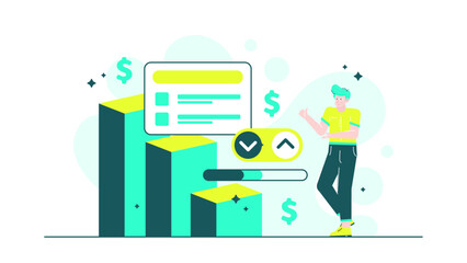 Man holds a checklist with a bar chart displaying financial growth. Suitable for financial planning, business strategy, growth analysis presentations.