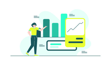 Woman pointing at upward trend graph, signifying growth and success. Suitable for business presentations, financial reports, and marketing materials.