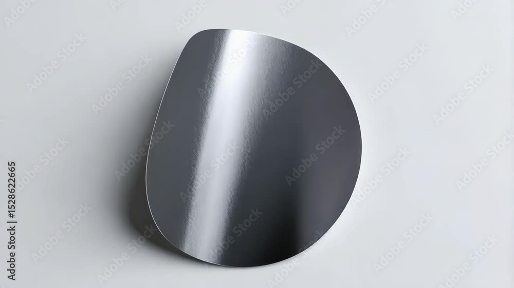 Poster close-up of silver metal object on white surface with abstract design and metallic reflections showi