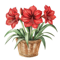 A Amaryllis Flower Basket, watercolor clipart vector, high quality, isolated on a white background.