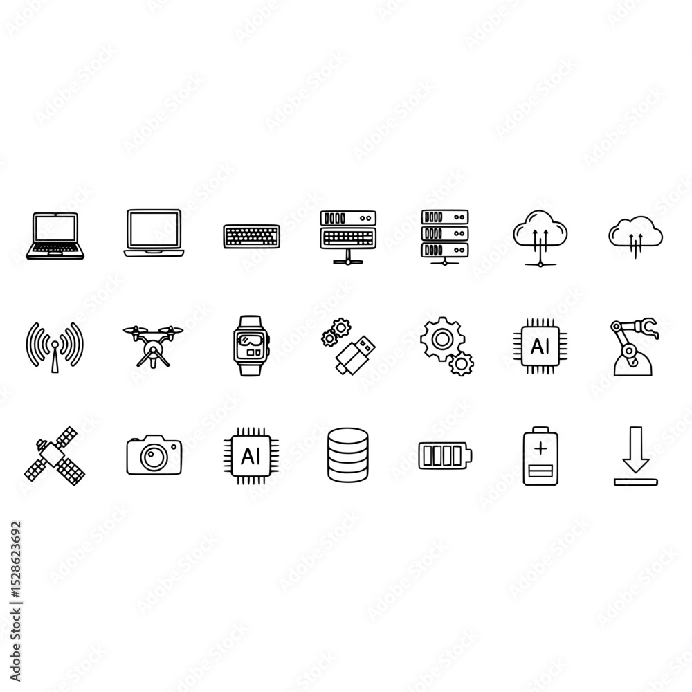 Poster technology icons set featuring ai, cloud computing, drone, server, and automation icons for modern d