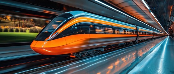 High-speed train in a futuristic tunnel