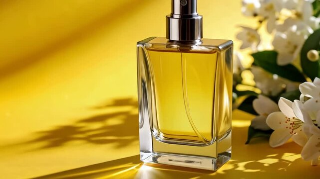 Elegant square perfume bottle filled with amber liquid and metal atomizer displayed beside blooming white jasmine flowers on yellow backdrop
