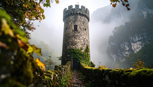 Mystical stone tower surrounded by fog and nature's embrace in autumn