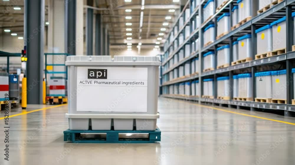 Poster active pharmaceutical ingredient container in clean warehouse storage with organized shelves for eff