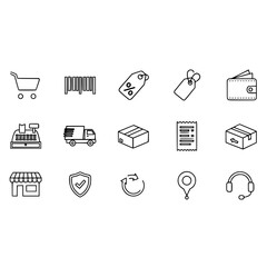 Shopping online e commerce retail store delivery service business concept vector line icon design set layout