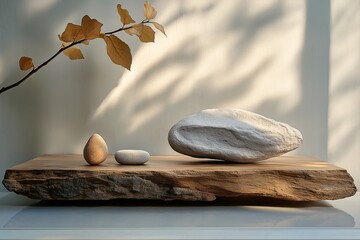 Modern Minimalist Decor. Wood, Stones, and Nature-Inspired Elegance for a Serene Living Space