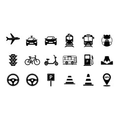 Transportation icons set vehicle car train bus airplane bicycle scooter traffic light gps and more icons 100