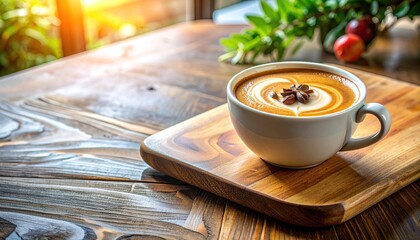 Delightful coffee moment with latte art on a rustic wooden background
