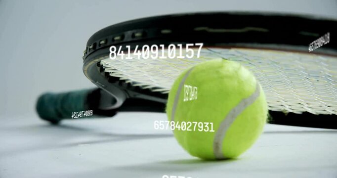 White numeric codes emerging lower left drifting over black racket and tennis ball, animating gear
