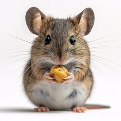 Adorable Japanese Mouse. Cute Rodent Chewing Sweet Dessert in Studio with White Background - Animal Behavior Close-Up Photography