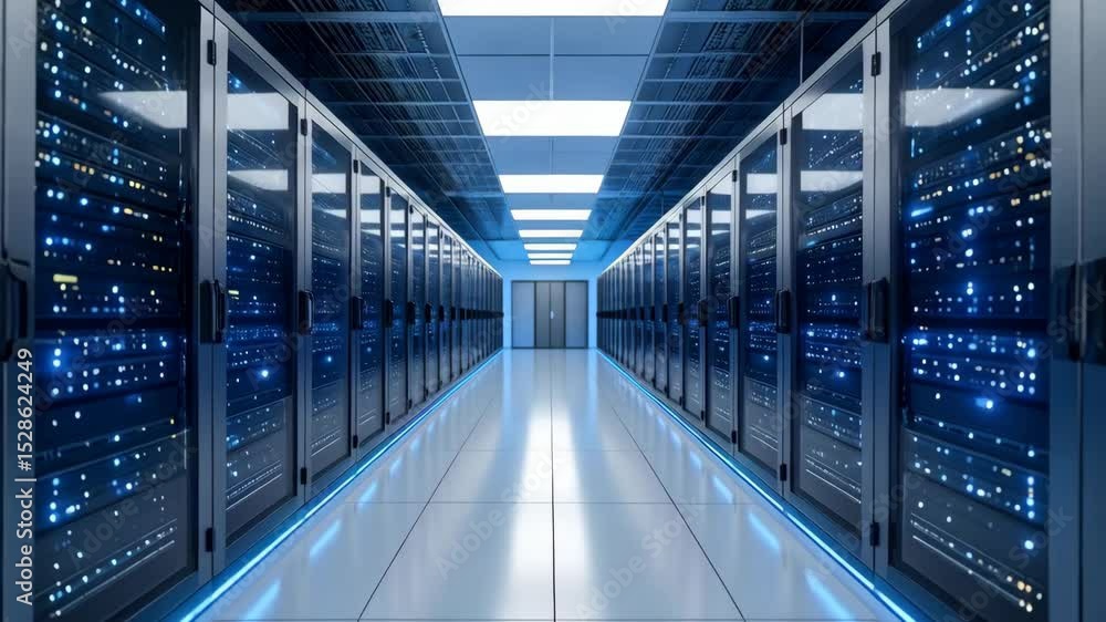 Poster server room with rows of server racks in data center with blue light indicators for cloud data stora