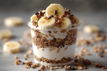 Layered Yogurt Granola Parfait with Banana and Coconut. Healthy Breakfast & Dessert Cup