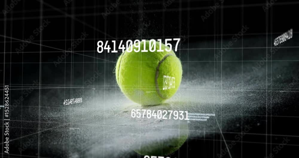 Poster green tennis ball entering from above compressing surface sending plume bouncing less showing data