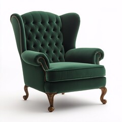 Green Tufted Armchair. Elegant Vintage Upholstered Furniture in Classy Home Decor
