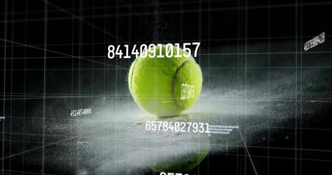 Green tennis ball entering from above compressing surface sending plume bouncing less showing data