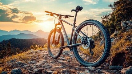 Fototapeta premium Mountain bike at sunset over hills