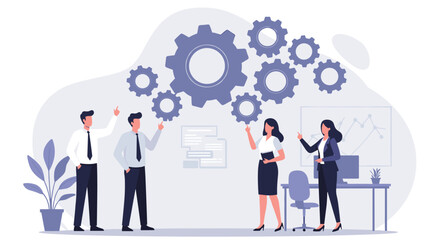 Business Discussion Concept. Vector flat style illustration of a group of diverse smiling people in business outfits with gears on top talking to each other. Isolated on background