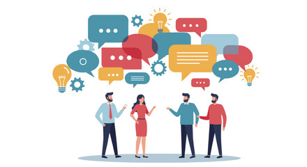 Business Discussion Concept. Vector cartoon full-length illustration in a flat style of various people talking to each other with bubbles over their heads. Isolated on background.