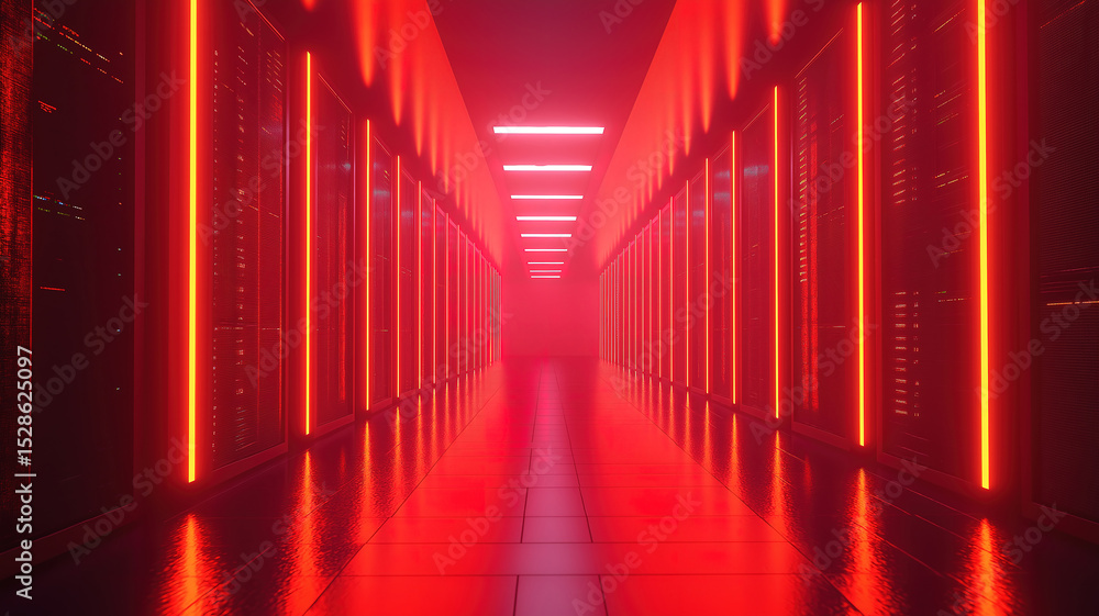 Poster corridor view of a data center with rack servers, supercomputers, and cloud storage integration