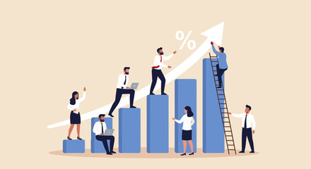 Fototapeta premium Business Success Concept. Vector cartoon illustration of a group of diverse people in business suits working on improving a financial chart by moving the arrow up. Isolated on background.