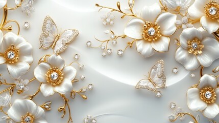Fototapeta premium 3d White Jewelry Flowers Wallpaper with Golden Branches and Butterflies