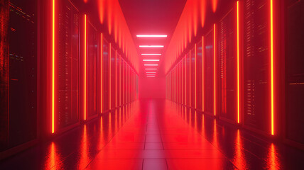 Corridor view of a data center with rack servers, supercomputers, and cloud storage integration