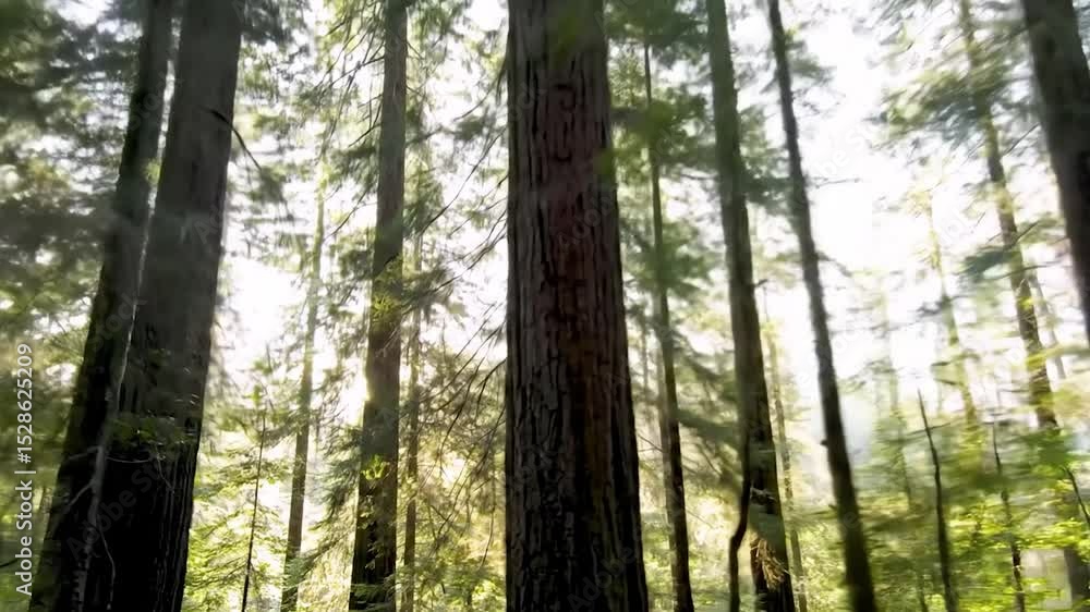 Poster tall, ancient trees form a dense forest canopy, sunlight filtering through leaves and creating a dap