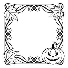 Obraz premium Black and white halloween frame design with pumpkin autumn leaves and decorative swirls
