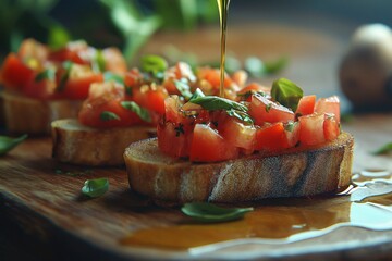 Fresh Bruschetta with Tomato and Basil on Wooden Board - Italian Cuisine Appetizer and Finger Food Photography