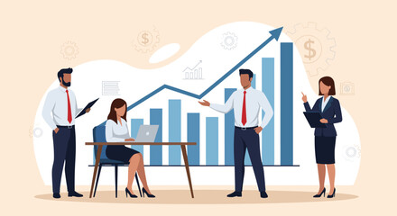 Obraz premium Business Planning Concept. Contemporary flat style vector illustration of a man in a business suit presenting a strategy to a group of colleagues with a growing graph in background.