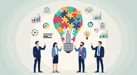 Business Discussion Concept. Contemporary flat style vector illustration of diverse standing people in business suits discussing an idea in the form of light bulb made of puzzle pieces.