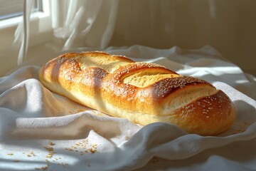 Freshly Baked Artisan Bread Loaf with Sesame Seeds on a Rustic Breakfast Table. Food Photography in Natural Light