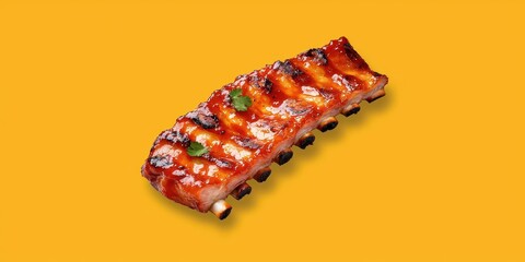Grilled Pork Rib with Barbecue Glaze on Yellow Background