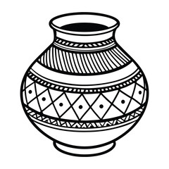A black and white illustration of a decorative pottery vase featuring intricate geometric and linear patterns