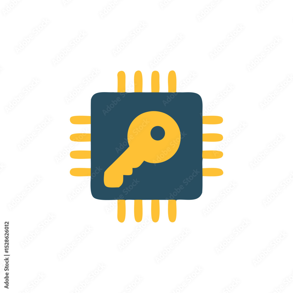 Leinwandbilder A yellow key icon embedded within a blue microchip, symbolizing digital security or encryption.