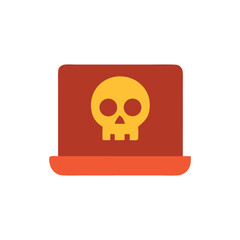 A simple, flat icon of a laptop computer with a skull graphic, symbolizing computer failure or virus.